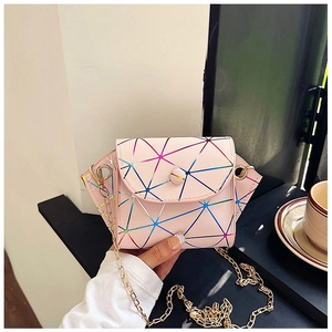 Detail shot of mini pink crossbody bag with geometric triangle pattern and gold chain strap
