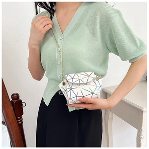 Detailed view of mini white crossbody bag with geometric laser pattern and gold chain