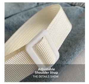 Gedetailleerde weergave van de verstelbare witte nylon riem met een plastic gesp