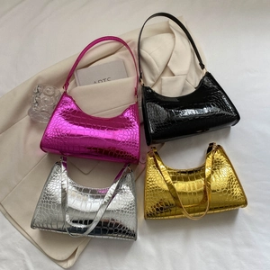 Women Shiny PU Leather Crocodile Embossed Underarm Bag Metallic Minimalist Shoulder Bag Street Style Fashion Hobo Purse