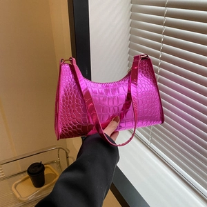Glossy rose pink crocodile pattern underarm bag with gold hardware for women