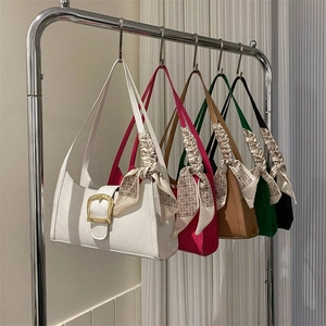 Women Vintage V-Quilted Underarm Bag Large Capacity Shoulder Baguette Bag With Satin Scarf Gold Buckle Polyester PU Handbag
