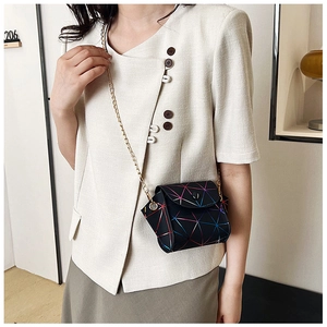 Close-up of holographic geometric pattern and gold chain strap on small crossbody bag