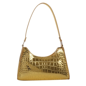 Glossy gold patent leather shoulder bag with crocodile pattern texture and top zipper
