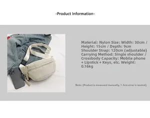 Detailed spec sheet for nylon waist bag showing dimensions 30x15x9cm and ivory white color