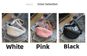 Nylon waist bag in white, pink and black colors with adjustable strap for women