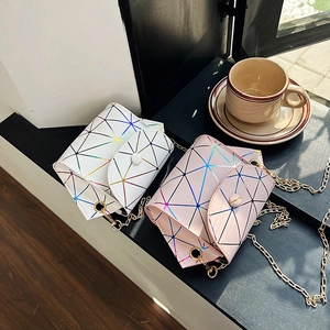 Mini laser rhombic chain shoulder bag with colorful geometric lines and gold chain