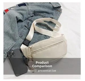 Detail view of off-white nylon chest bag with woven zipper pull next to a smartphone