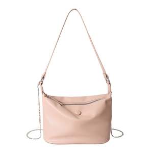Minimalist light pink PU leather crossbody bag with lychee texture and silver chain detail