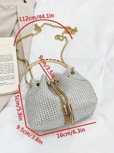 Detailed dimensions of silver rhinestone bucket bag with golden chain and tassel