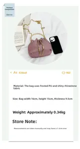 Pink rhinestone bucket bag detail showing dimensions 16x15x9.5cm and chain strap