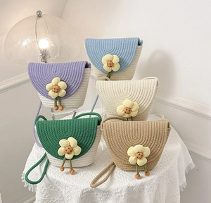 Bolso de Cubo Tejido de Moda para Mujeres Niños Bolso de Mano de Cuerda de Algodón Floral Bandoulière para Verano Playa Viaje Casual