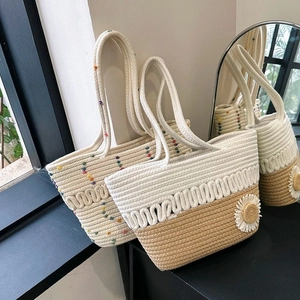 Summer Woven Patchwork Tote Bag Large Capacity Casual Beach Shoulder Bag With Flower Decoration For Women Fashion Handbag