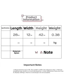 Detailed size chart for nylon backpack showing dimensions 28cm x 12cm x 42cm clearly