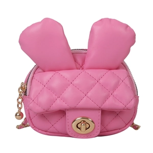 Cute pink quilted mini crossbody bag with bunny ears and golden chain strap