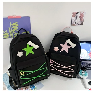 Close-up of student backpack with colorful star patches and woven rope details