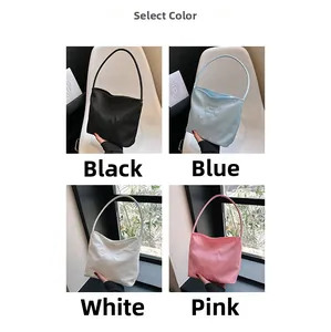 Collage showing four colors of the minimalist nylon shoulder bag with text print