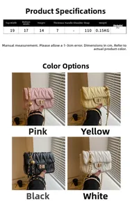 Detailed size specifications and color options for the quilted crossbody bag