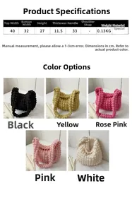 Detailed size chart and multi-color view of puffy quilted tote bag showing five color options