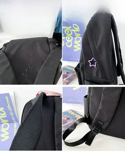 Detail view of waterproof nylon star backpack with mesh straps and purple star zipper pull