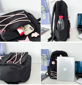 Detail view showing black star backpack storage capacity for laptop and water bottle