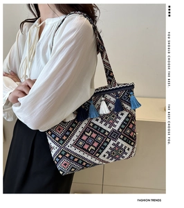 Bohemian woven tote bag detail showing geometric patterns and vibrant tassel fringe accents