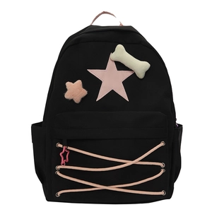 Black school backpack with pink pentagram and cute plush star pendants for students