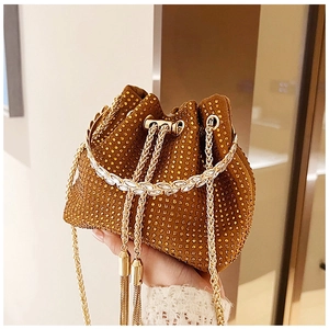 Detail of tan bucket bag featuring gold rhinestones, chain strap, and tassel drawstring