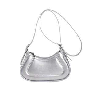 Silver metallic crescent handbag with zipper closure and fashion bags brand text