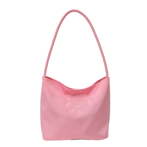 Pink nylon underarm shoulder bag with white onwards and upwards embroidery detail
