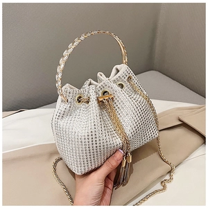 Macro shot of silver rhinestone bucket bag with golden leaf handle and elegant tassels