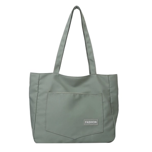Minimalist Morandi green nylon tote bag with large front pocket and double handles
