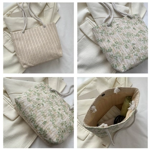 Detailed views of lace straw tote bag showing floral patterns and large inner capacity