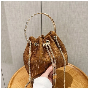 Detail of a brown rhinestone bucket bag with silver metal ring handle and gold chain