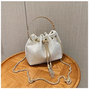 Detailed macro view of silver rhinestone bucket bag with golden chain and tassel drawstring