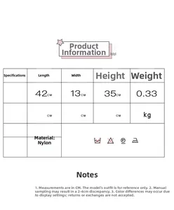 Detailed size chart for nylon tote bag showing dimensions 42x13x35cm and specifications