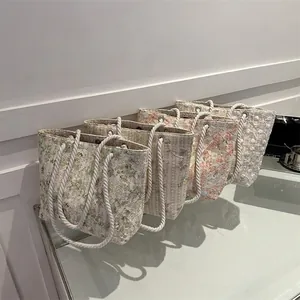 Lace Floral Straw Tote Bag For Women Large Capacity Shoulder Bag With Cotton Rope Handle Summer Beach Shopping Bag Purse