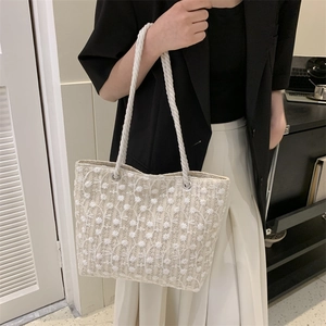Straw tote bag with floral lace embroidery and canvas shoulder straps for women