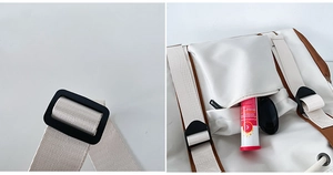 Detail of adjustable strap and front zipper pocket on canvas crossbody bag for students