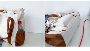 Detail of color-block tote bag side pocket with water bottle and drawstring closure