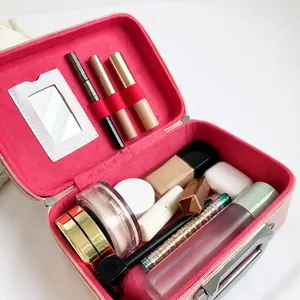 Pink PU leather makeup case interior showing mirror, lipstick slots, and large storage space