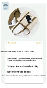 Detailed dimensions of a canvas tote bag with brown handles and mini print graphic