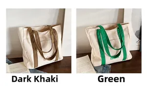 Detailed comparison of canvas tote bags in deep khaki and green with mini logo print