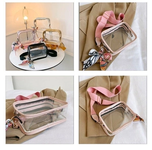 Detailed views of transparent PVC crossbody bags with pink woven straps and silk scarves