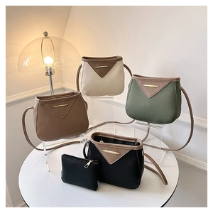 Litchi pattern PU leather bucket bags set in four colors with matching coin purses