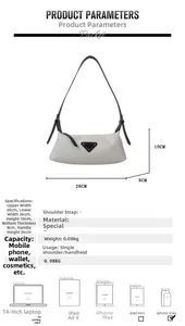 Detailed size specifications for white minimalist underarm bag with metal logo