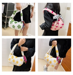 Collage of plush floral handbags with decorative silk scarves in various patterns