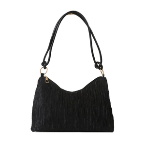Modern black pleated shoulder bag for women with elegant gold hardware accents