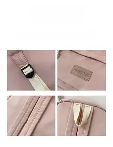 Detailed views of dusty pink backpack featuring brand patch, straps, and top handle