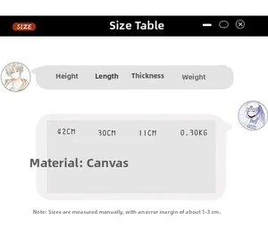 Detailed size table showing dimensions 42x30x11cm for the canvas school backpack